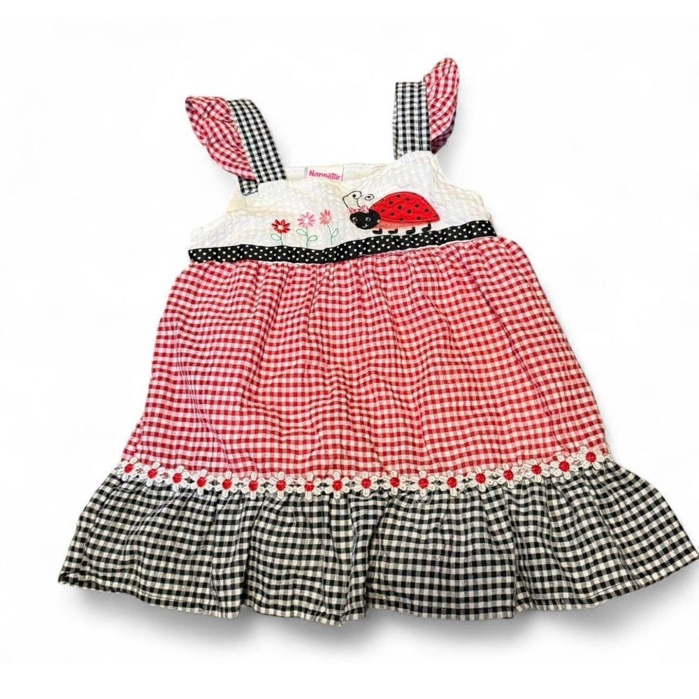 Nannette Girls 4T Ladybug Gingham Dress Red Black Ruffle Cottagecore